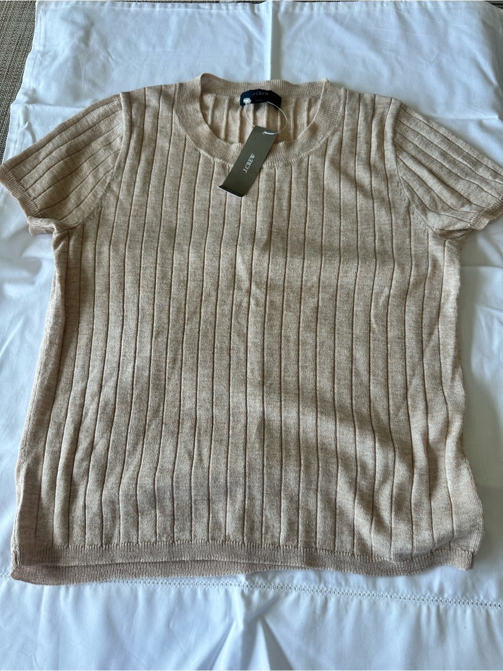 J. Crew Short-Sleeve Ribbed Knit Top in Light Beige